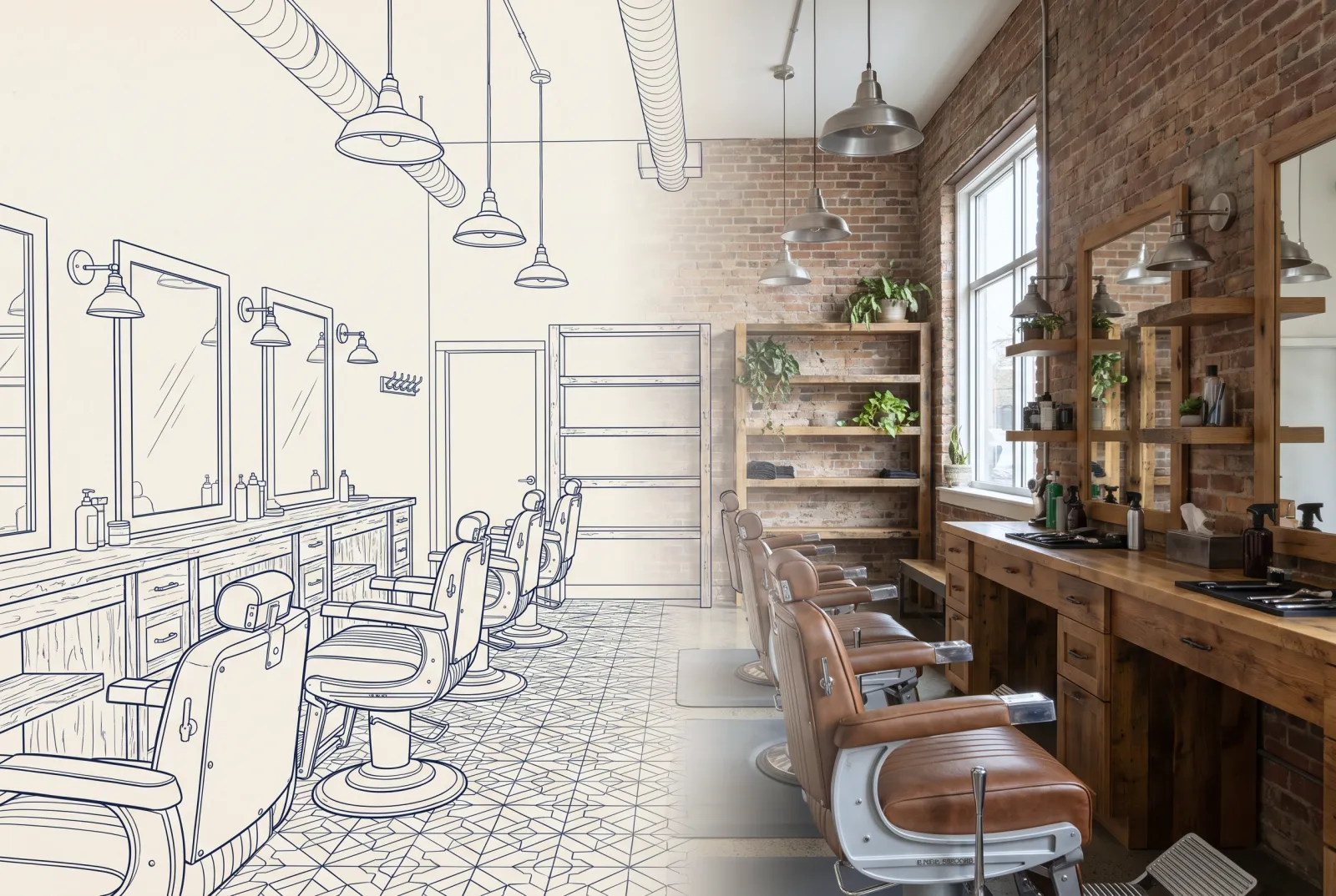 Barbershop Build-Out — shown transforming from blueprint to finished space