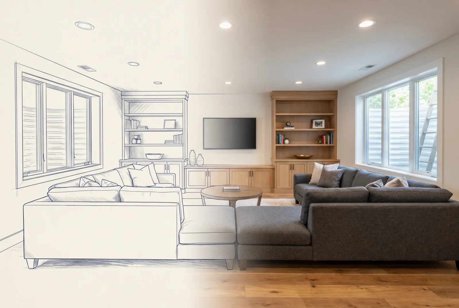 Basement Remodeling — shown transforming from blueprint to finished space