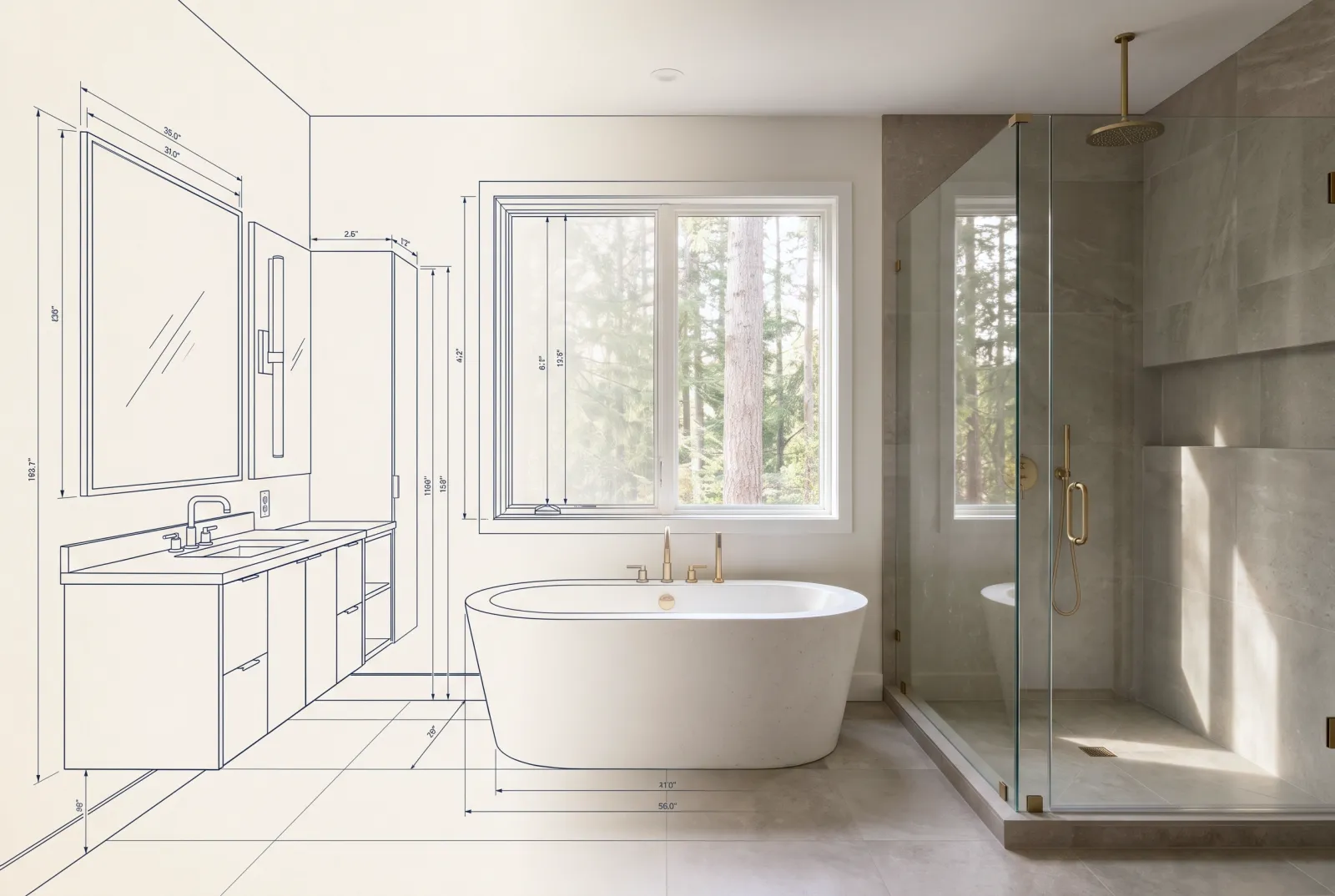 Bathroom Remodeling — shown transforming from blueprint to finished space