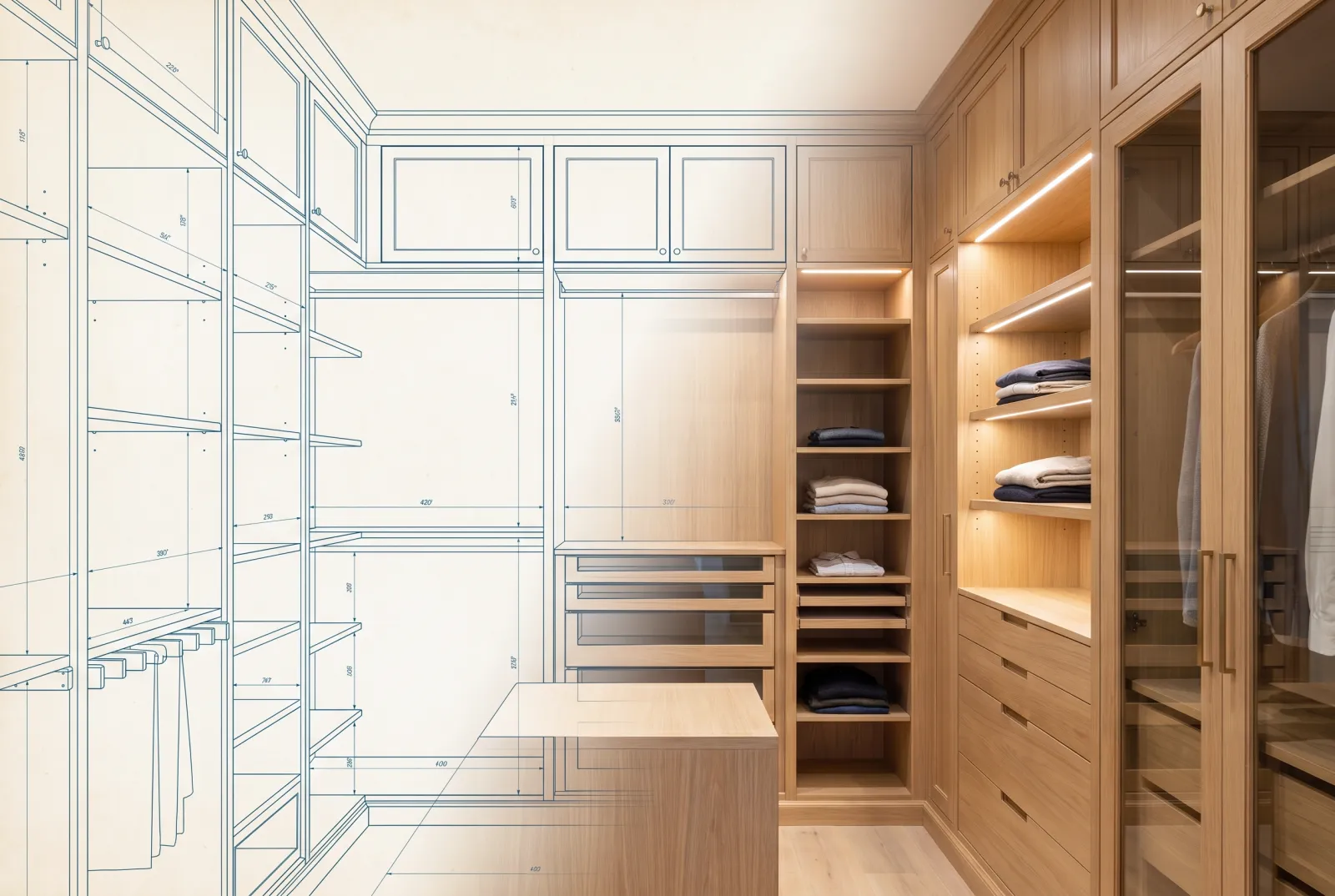 Cabinets & Closets — shown transforming from blueprint to finished space