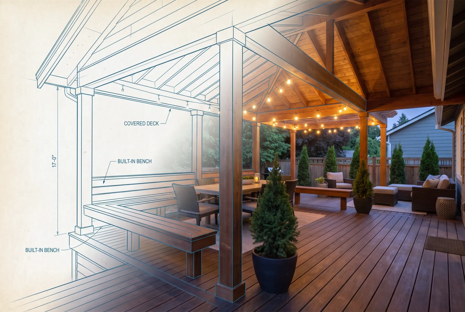 Decks & Outdoor Living — shown transforming from blueprint to finished space