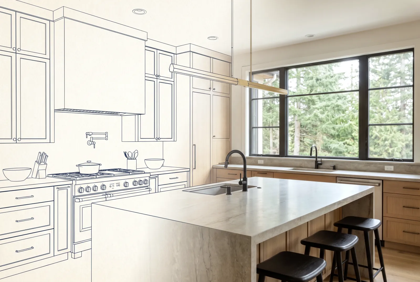 Kitchen Remodeling — shown transforming from blueprint to finished space