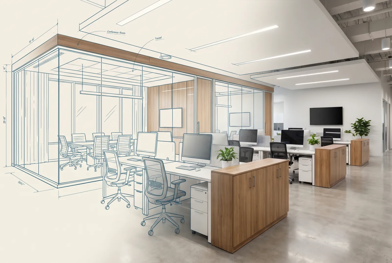Office & Workspace Build-Out — shown transforming from blueprint to finished space