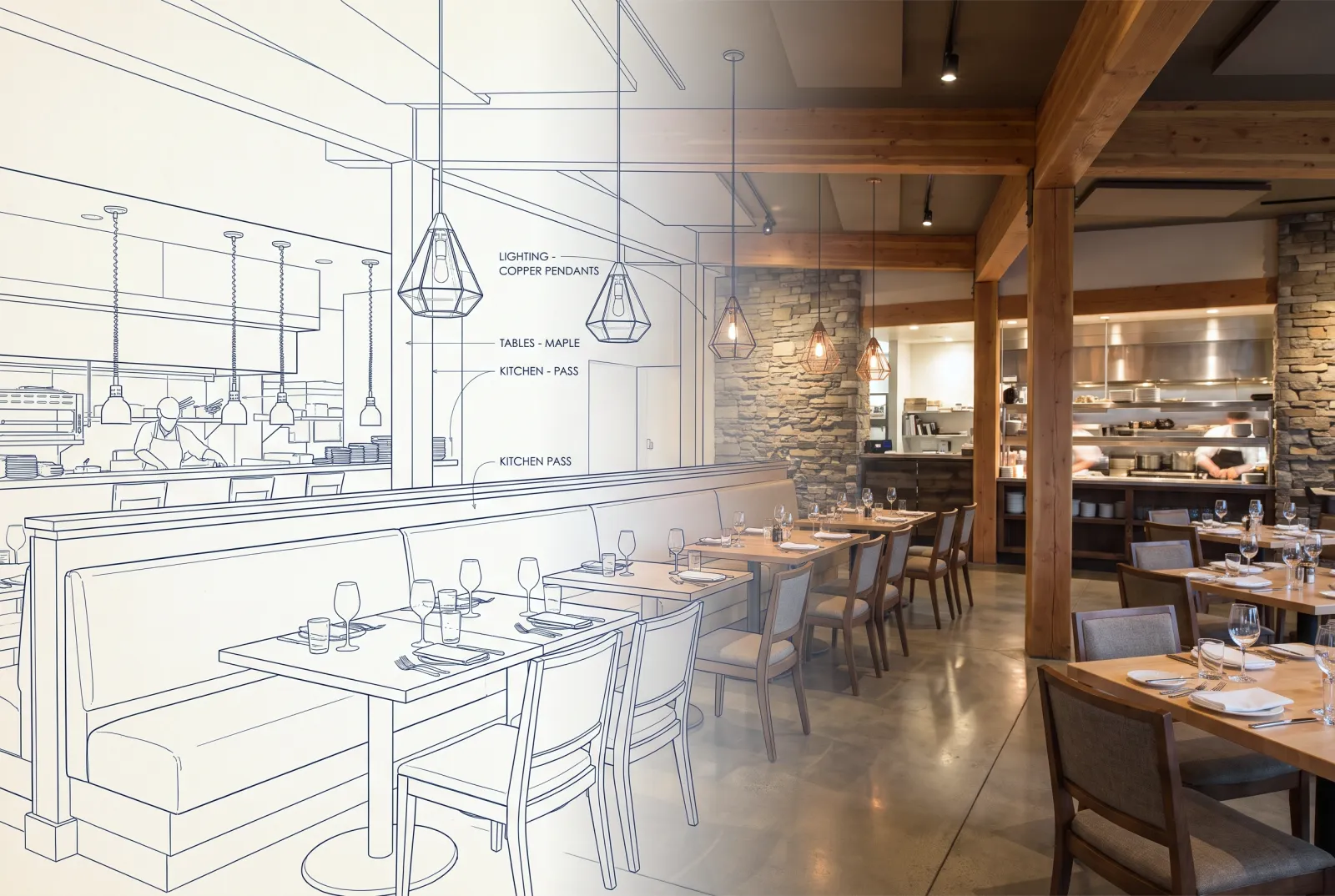 Restaurant Build-Out — shown transforming from blueprint to finished space