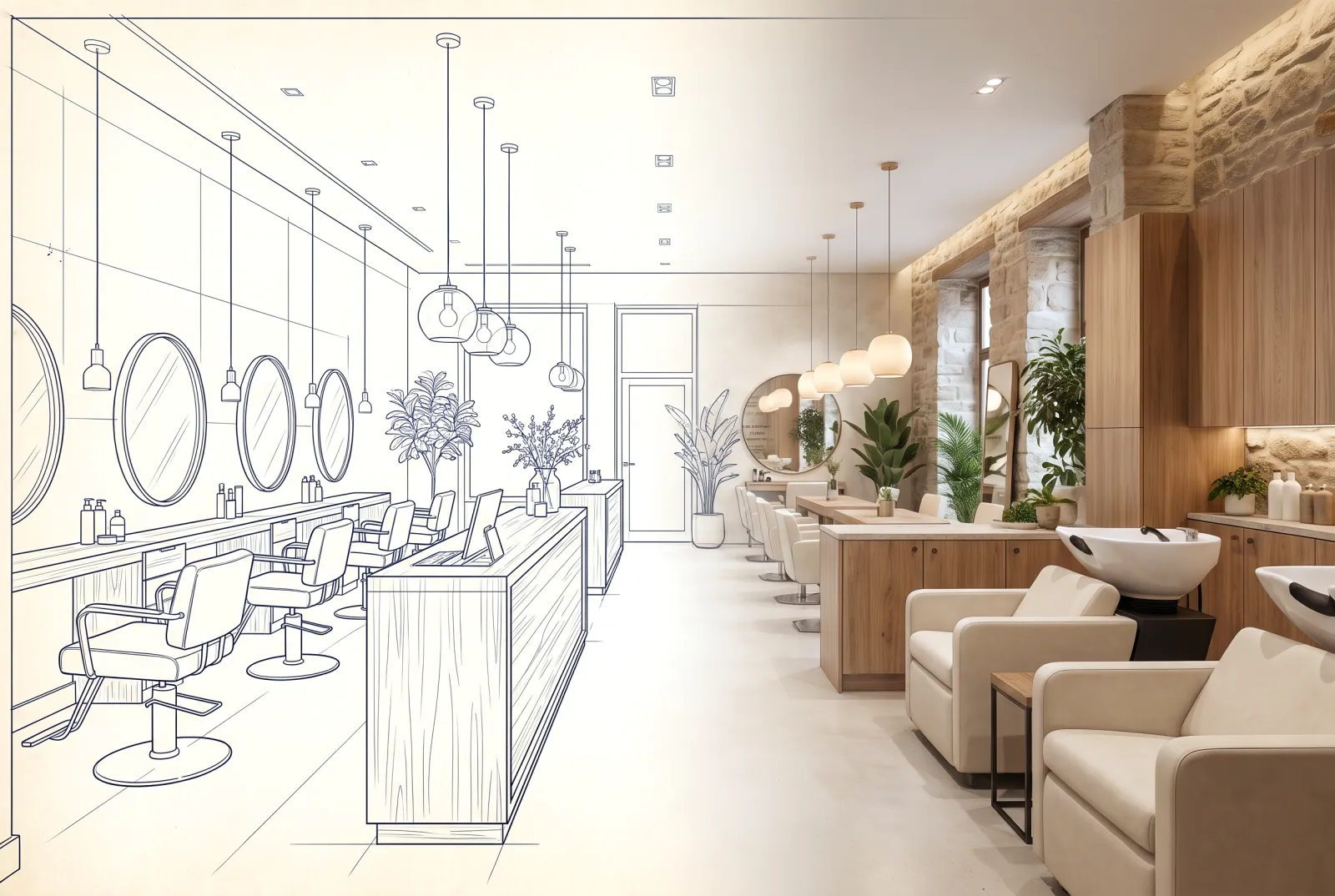 Salon & Beauty Studio Build-Out — shown transforming from blueprint to finished space