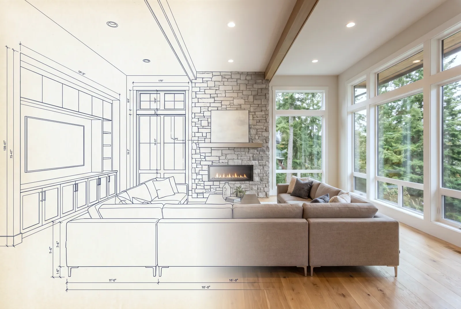 Full-Home Remodel — shown transforming from blueprint to finished space